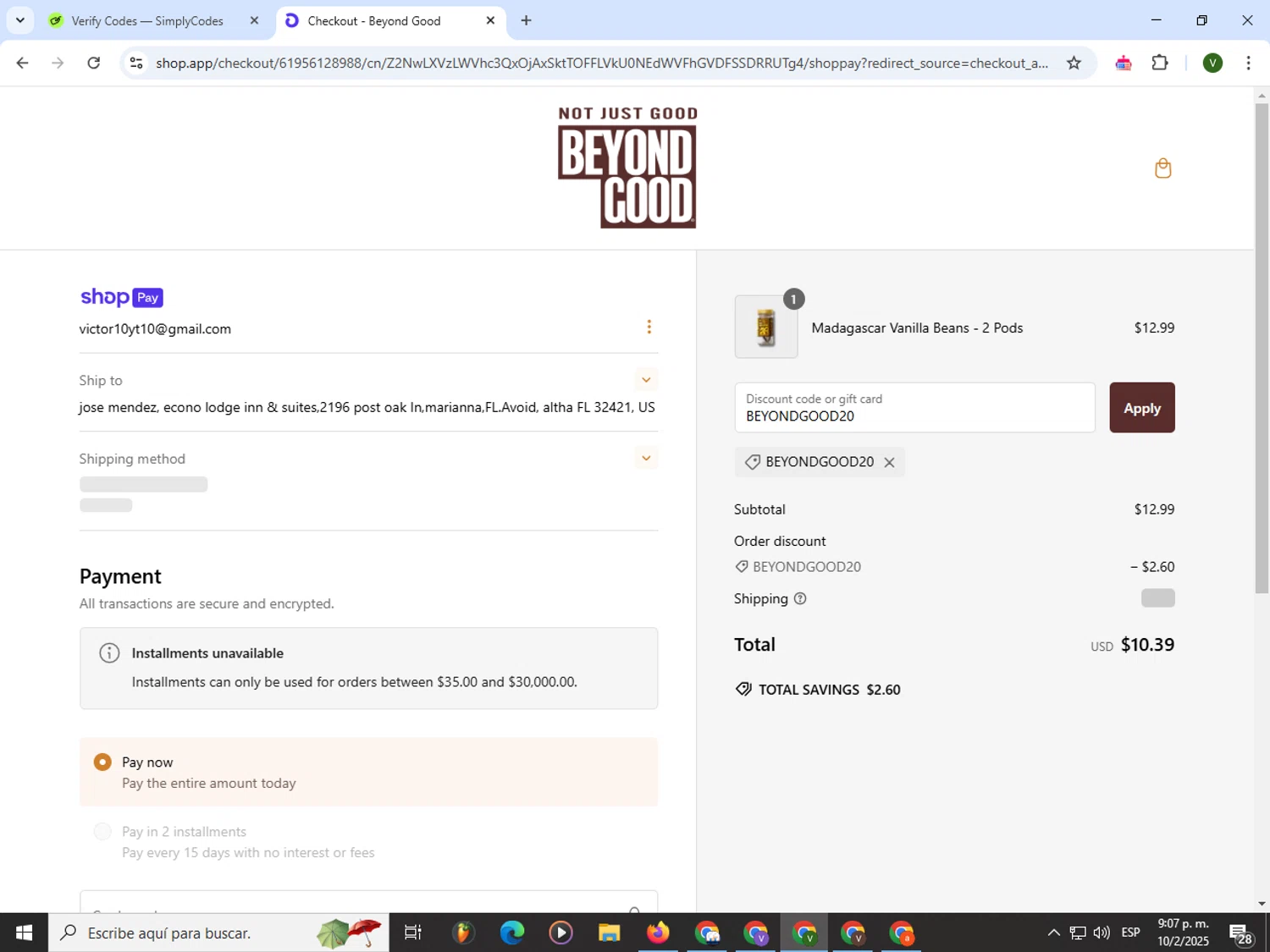 Beyond Good promo code screenshot showing code BEYONDGOOD20 applied at Beyond Good checkout page. Uploaded by SimplyCodes community member PrimeWizard4168 on Feb 11, 2025