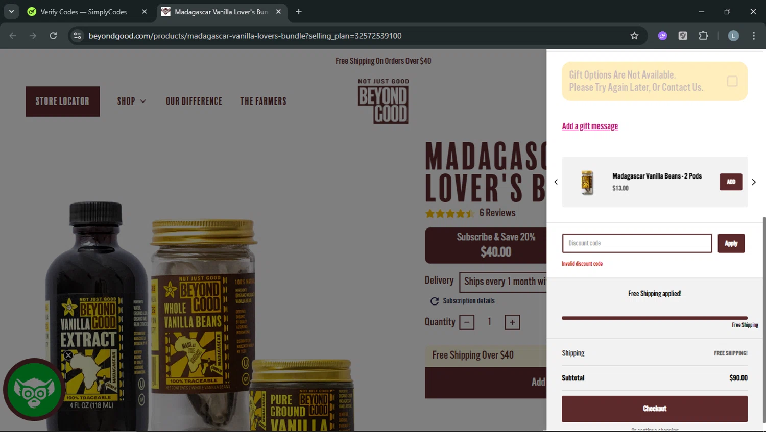 Beyond Good promo code screenshot showing code BFS6M9HS applied at Beyond Good checkout page. Uploaded by SimplyCodes community member RoyalOwl5790 on Jan 9, 2026