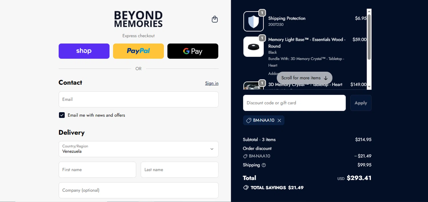 Beyond Memories promo code screenshot showing code BM-NAA10 applied at Beyond Memories checkout page. Uploaded by SimplyCodes community member juanisaac on Jun 3, 2026