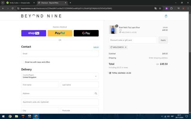 Beyond Nine checkout page showing Beyond Nine discount code box | Screenshot taken by SimplyCodes community member on Nov 29, 2024
