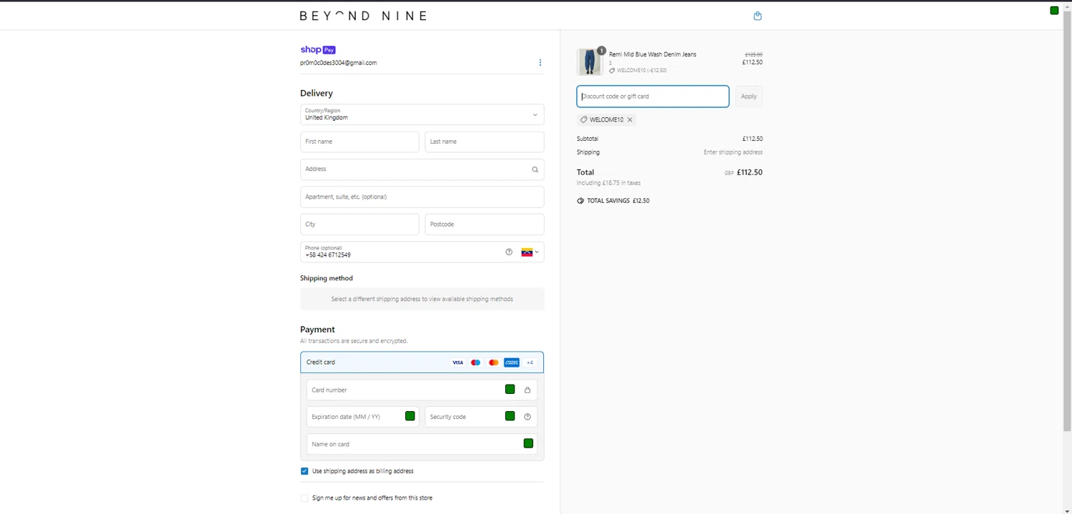 Beyond Nine discount code screenshot showing code WELCOME10 applied at Beyond Nine checkout page. Uploaded by SimplyCodes community member JakePerrox on Mar 23, 2025
