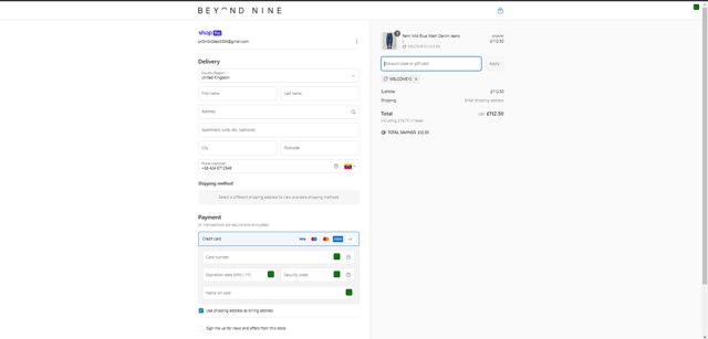 Beyond Nine checkout page showing Beyond Nine discount code box | Screenshot taken by SimplyCodes community member on Mar 23, 2025