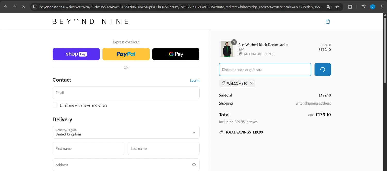 Beyond Nine discount code screenshot showing code WELCOME10 applied at Beyond Nine checkout page. Uploaded by SimplyCodes community member Jeanjc on Mar 6, 2025