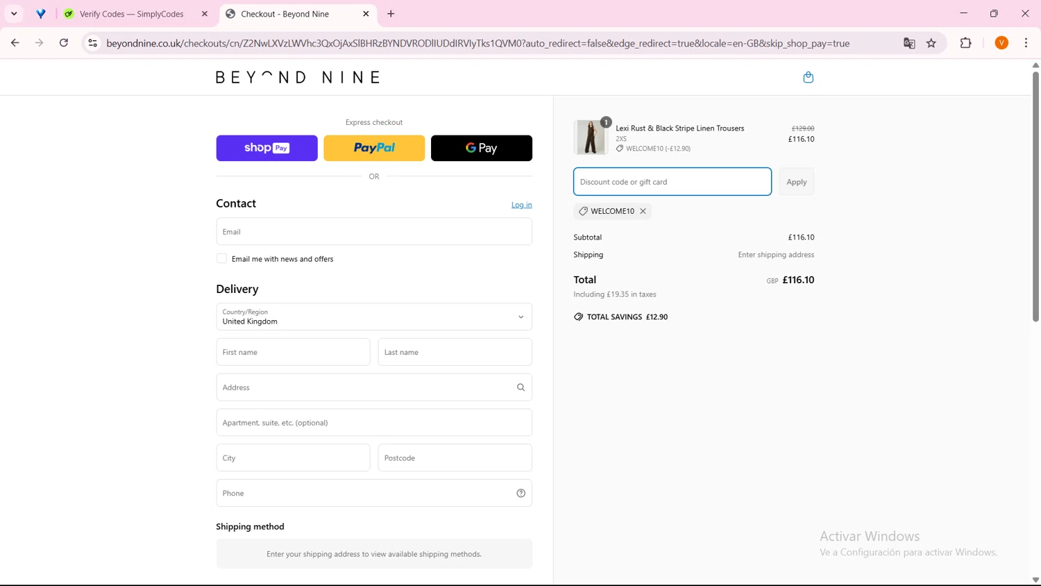 Beyond Nine discount code screenshot showing code WELCOME10 applied at Beyond Nine checkout page. Uploaded by SimplyCodes community member FortunateFinder9465 on Mar 16, 2025
