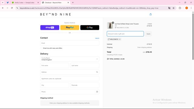 Beyond Nine checkout page showing Beyond Nine discount code box | Screenshot taken by SimplyCodes community member on Mar 16, 2025