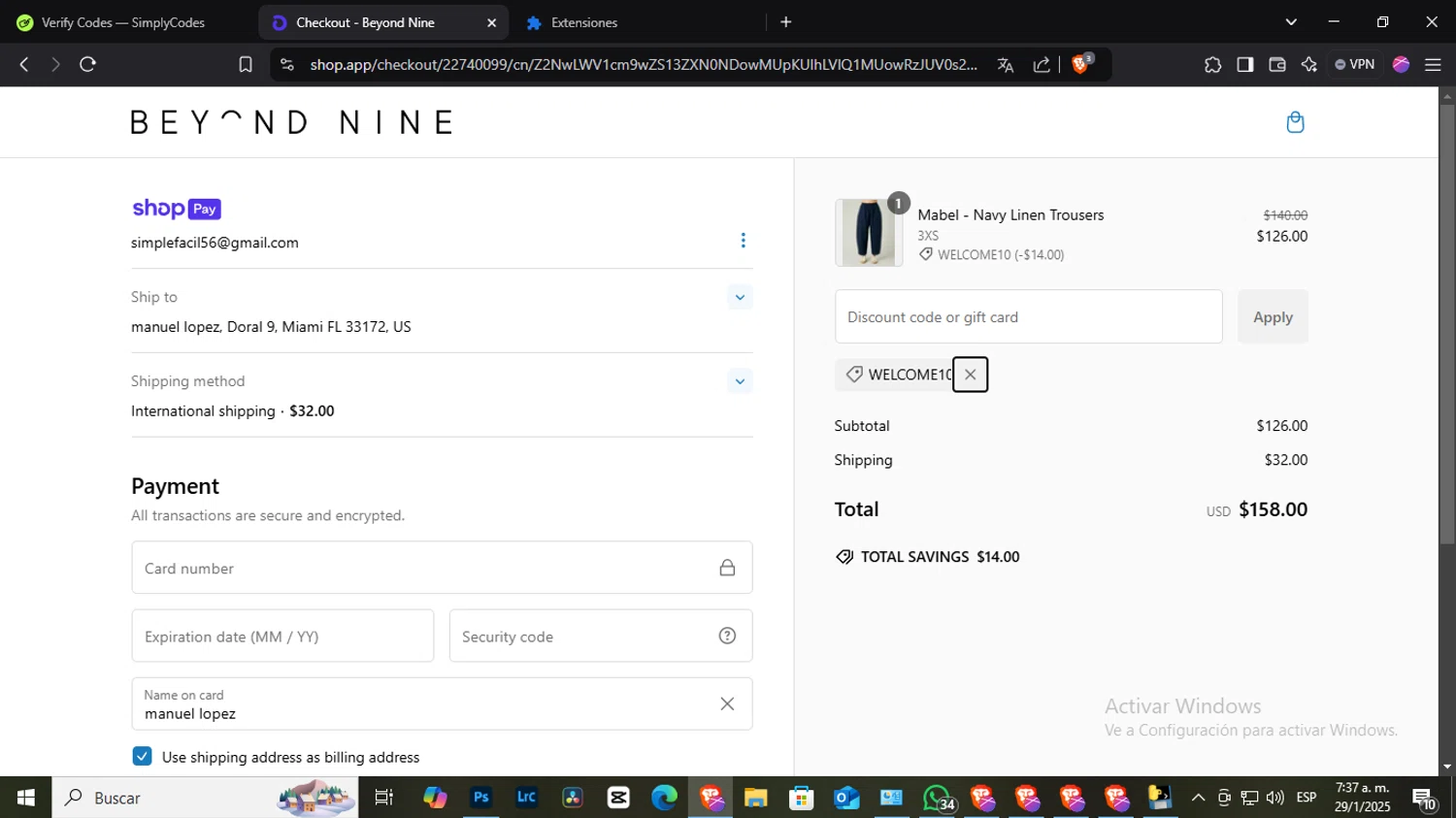 Beyond Nine discount code screenshot showing code WELCOME10 applied at Beyond Nine checkout page. Uploaded by SimplyCodes community member NobleLegend6162 on Jan 29, 2025