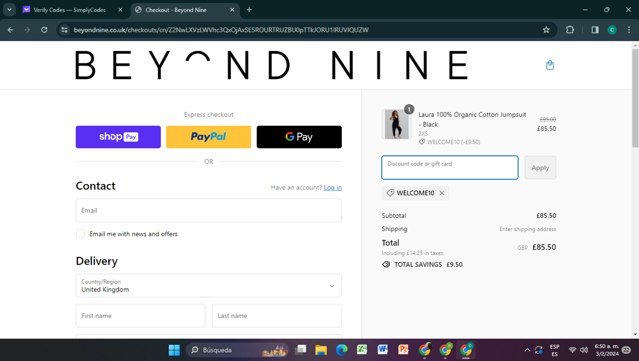 Beyond Nine checkout page showing Beyond Nine discount code box | Screenshot taken by SimplyCodes community member on Feb 3, 2024