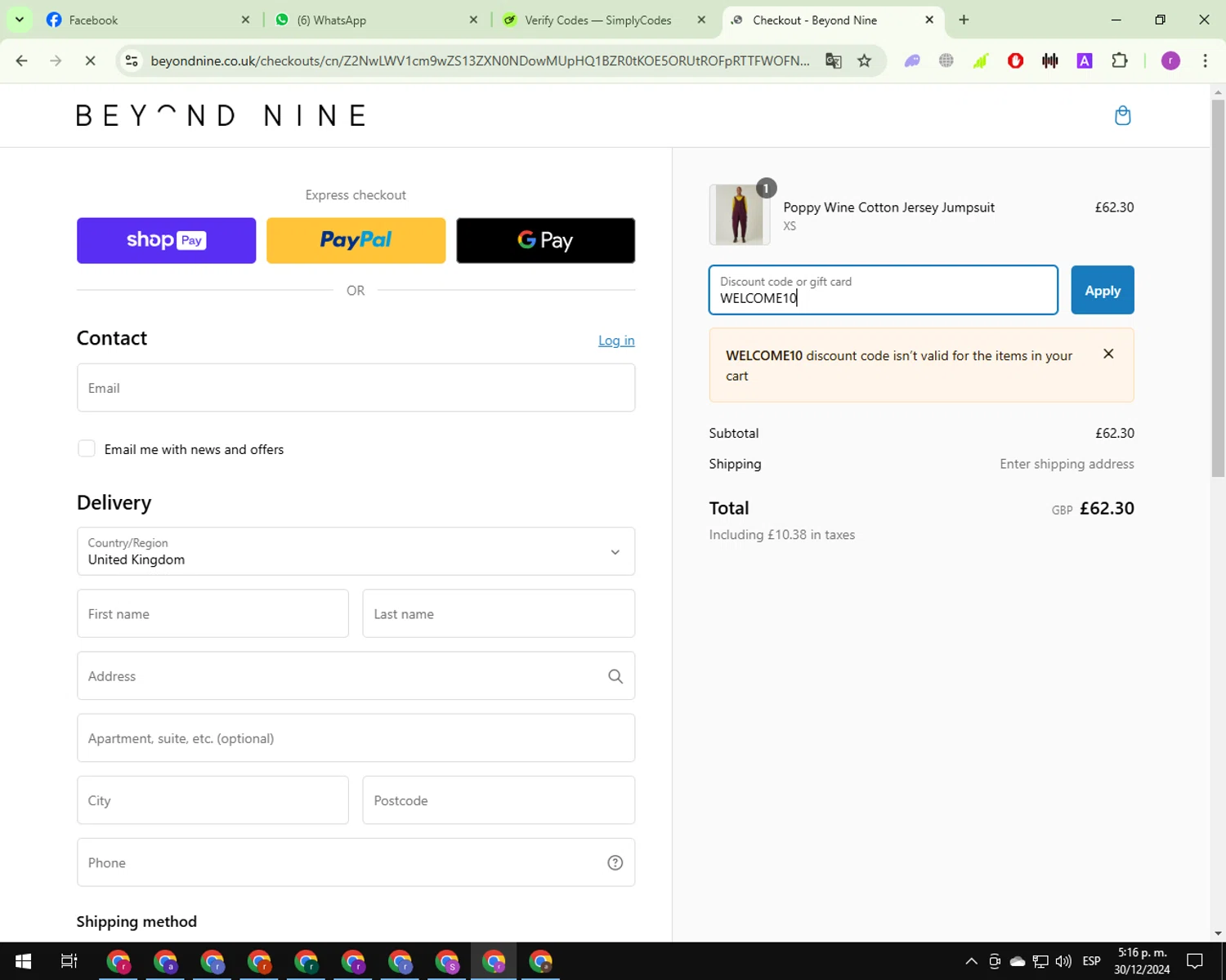Beyond Nine discount code screenshot showing code WELCOME10 applied at Beyond Nine checkout page. Uploaded by SimplyCodes community member ashe1986 on Dec 30, 2024