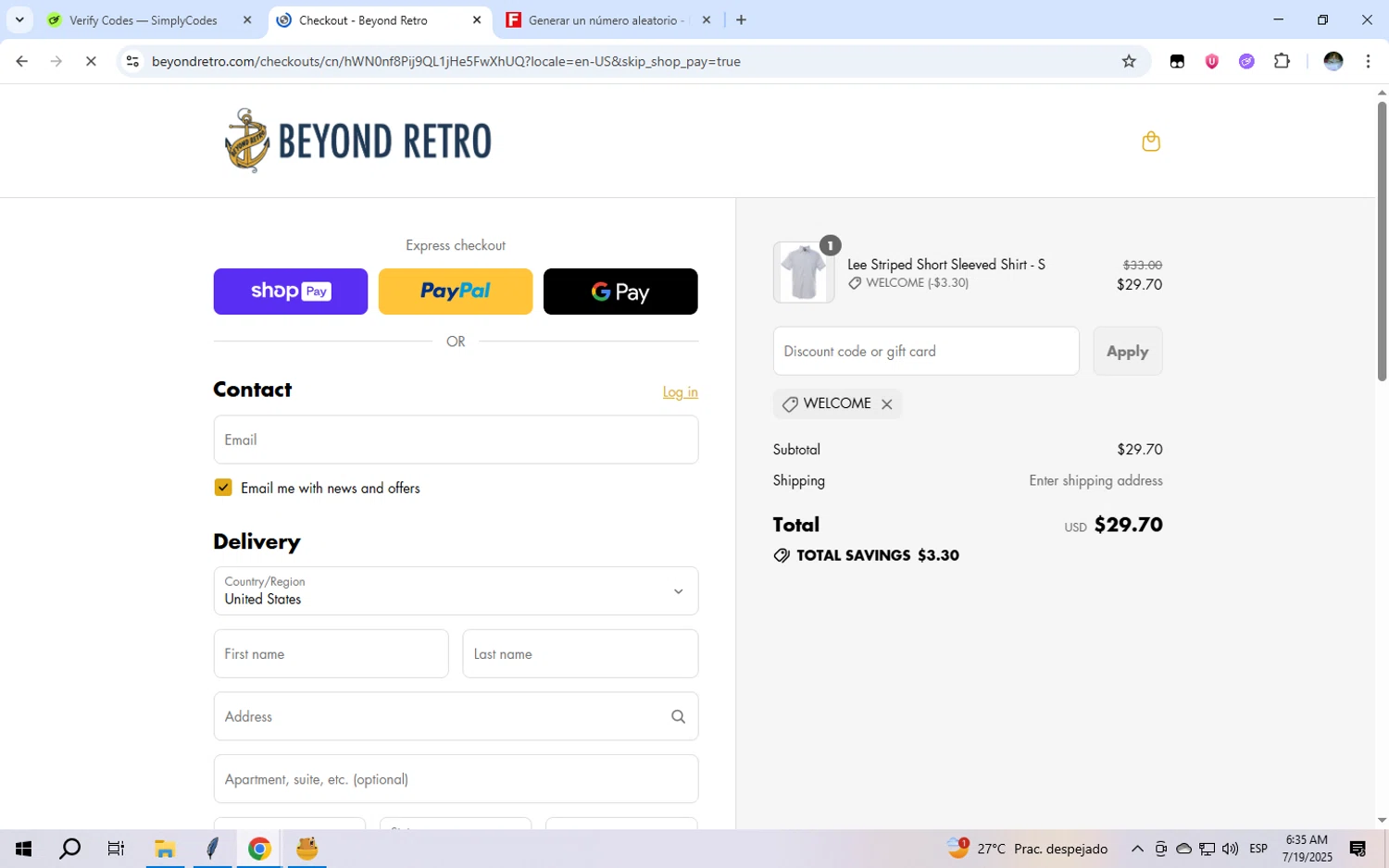 Beyond Retro promo code screenshot showing code WELCOME applied at Beyond Retro checkout page. Uploaded by SimplyCodes community member Liandroo on Jul 19, 2025