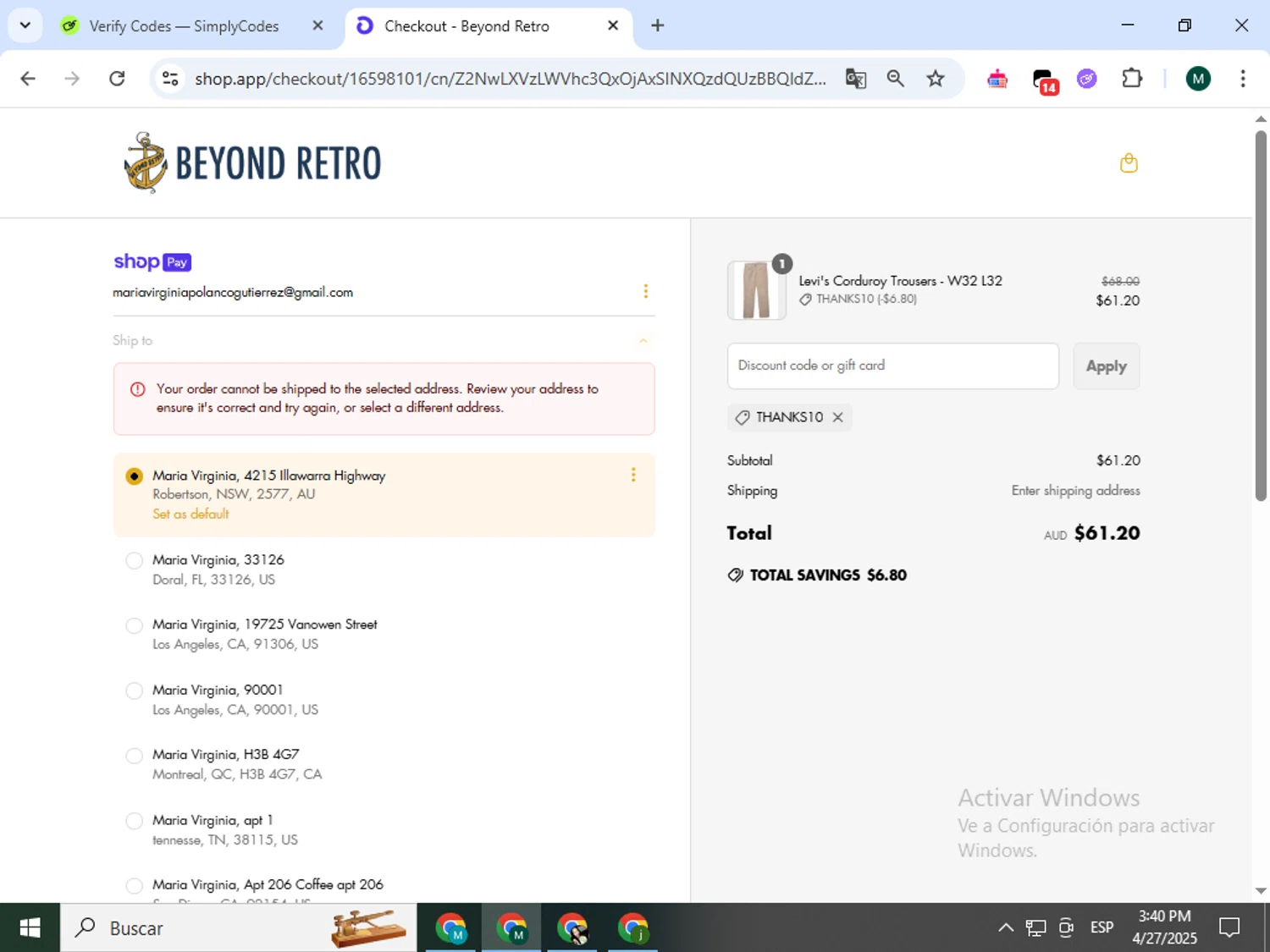 Beyond Retro promo code screenshot showing code THANKS10 applied at Beyond Retro checkout page. Uploaded by SimplyCodes community member Jorgeluisvera on Apr 27, 2025
