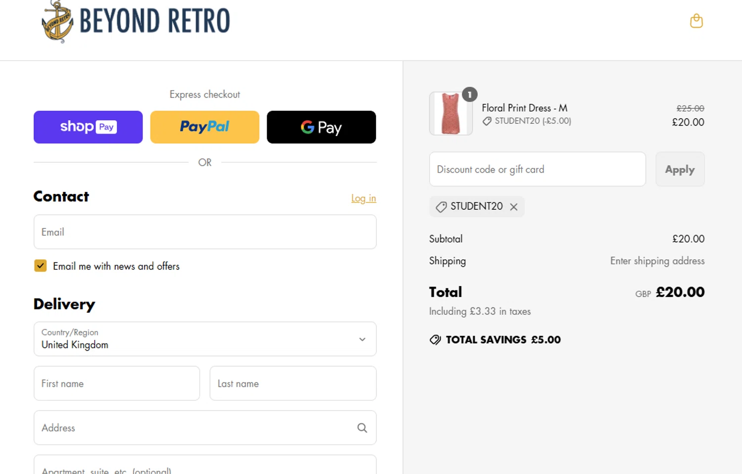 Beyond Retro promo code screenshot showing code STUDENT20 applied at Beyond Retro checkout page. Uploaded by SimplyCodes community member AlexisDiaz on Jun 26, 2025