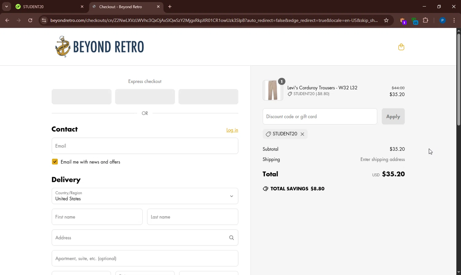 Beyond Retro promo code screenshot showing code STUDENT20 applied at Beyond Retro checkout page. Uploaded by SimplyCodes community member CodeTitan6120 on Apr 29, 2025