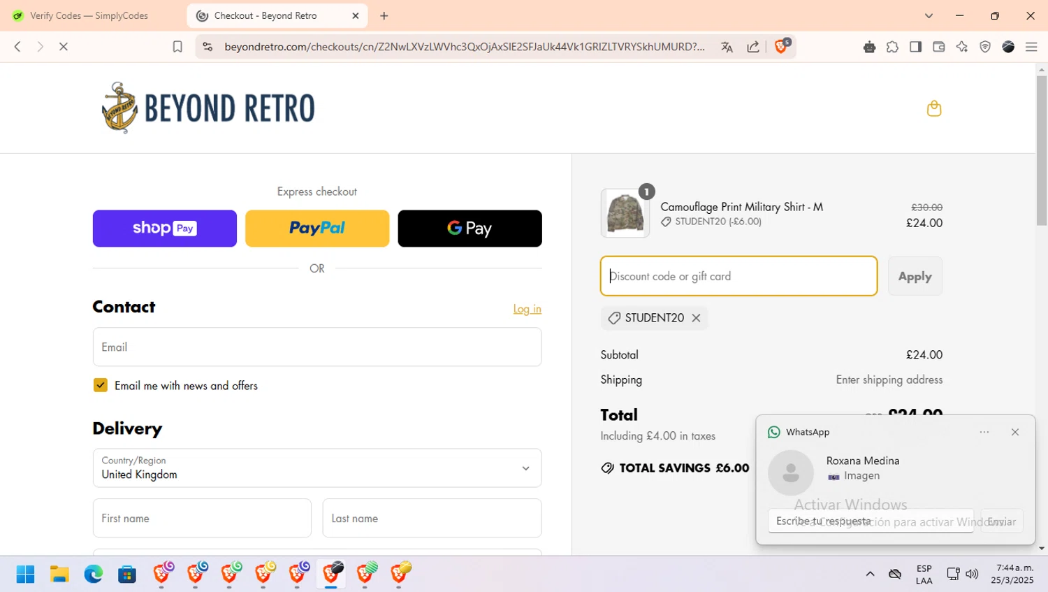 Beyond Retro promo code screenshot showing code STUDENT20 applied at Beyond Retro checkout page. Uploaded by SimplyCodes community member bombardeen_vzla on Mar 25, 2025