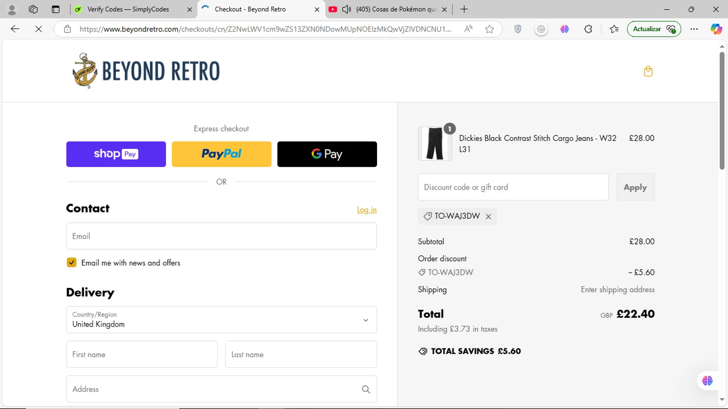 Beyond Retro promo code screenshot showing code TO-WAJ3DW applied at Beyond Retro checkout page. Uploaded by SimplyCodes community member MagnificentVirtuoso8433 on Feb 16, 2025