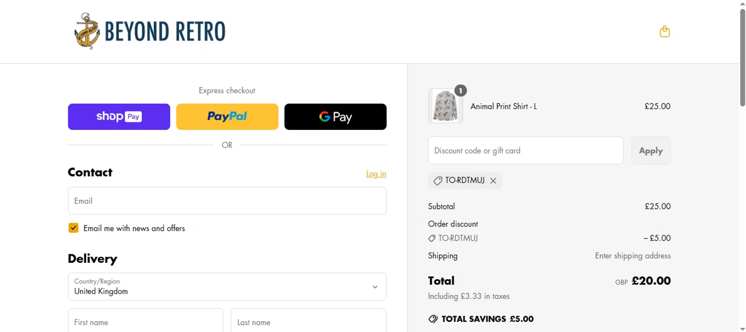 Beyond Retro promo code screenshot showing code to-rdtmuj applied at Beyond Retro checkout page. Uploaded by SimplyCodes community member Biancapoli on May 9, 2025