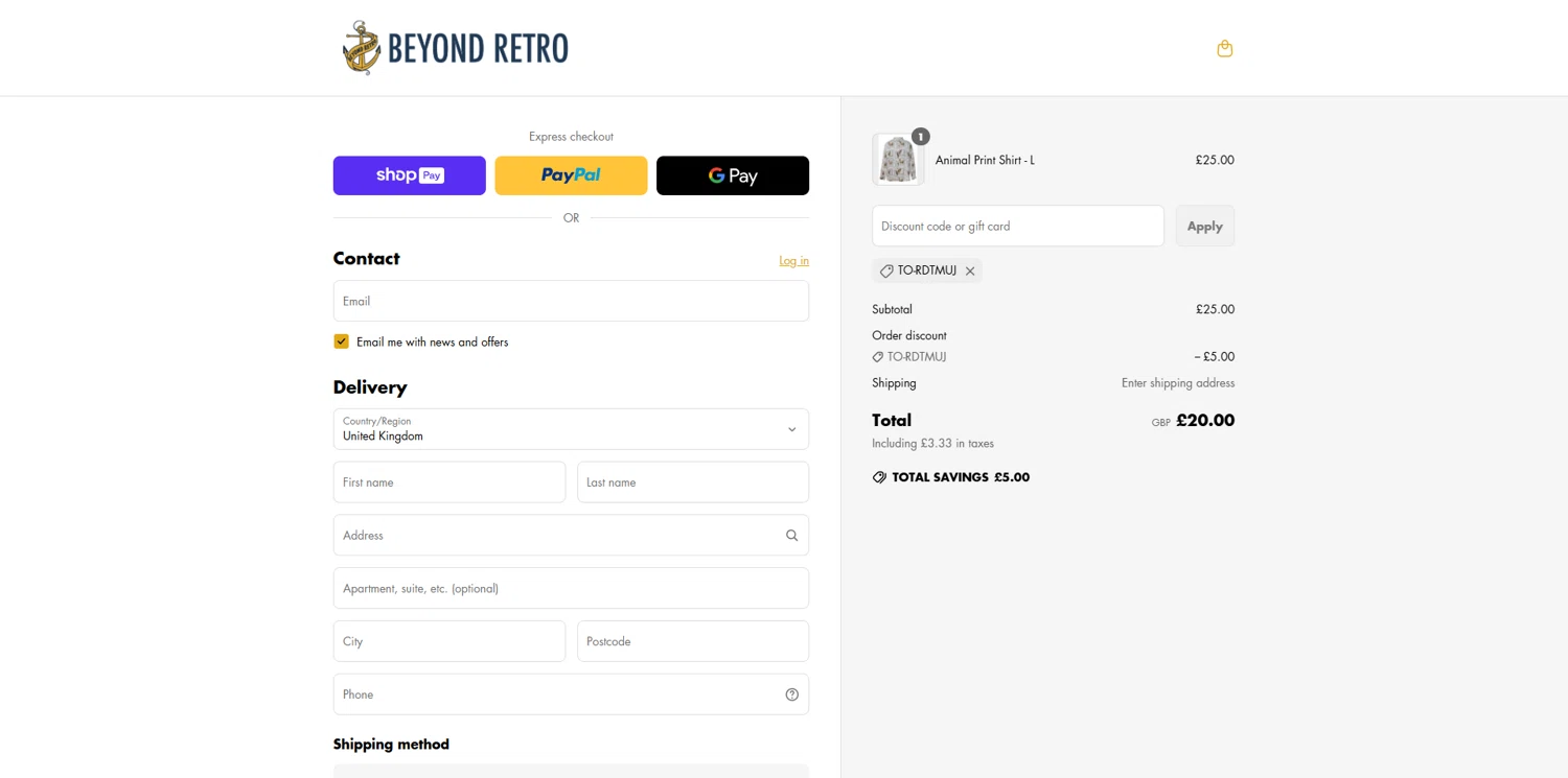 Beyond Retro promo code screenshot showing code to-rdtmuj applied at Beyond Retro checkout page. Uploaded by SimplyCodes community member Dorothy on May 9, 2025