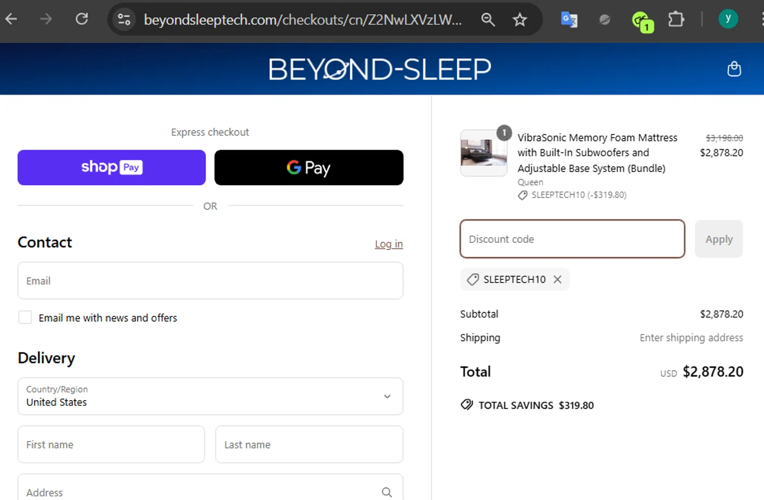 Beyond-Sleep promo code screenshot showing code SLEEPTECH10 applied at Beyond-Sleep checkout page. Uploaded by SimplyCodes community member 502312 on Apr 13, 2025