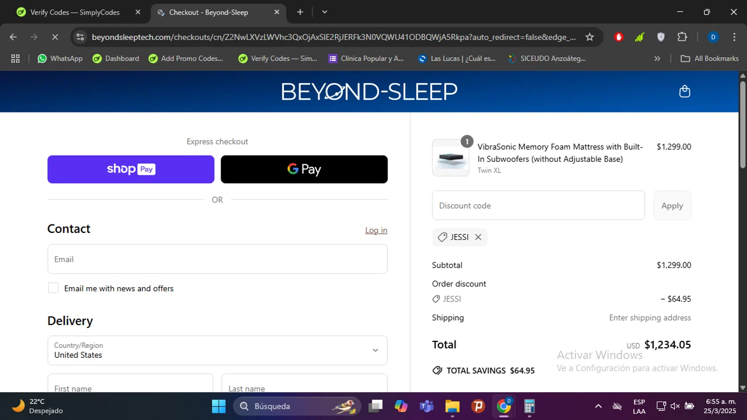 Beyond-Sleep promo code screenshot showing code Jessi applied at Beyond-Sleep checkout page. Uploaded by SimplyCodes community member danielgarcia1 on Mar 25, 2025
