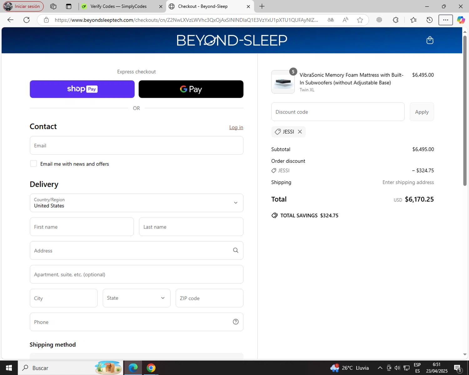 Beyond-Sleep promo code screenshot showing code Jessi applied at Beyond-Sleep checkout page. Uploaded by SimplyCodes community member jechtff10 on Apr 23, 2025
