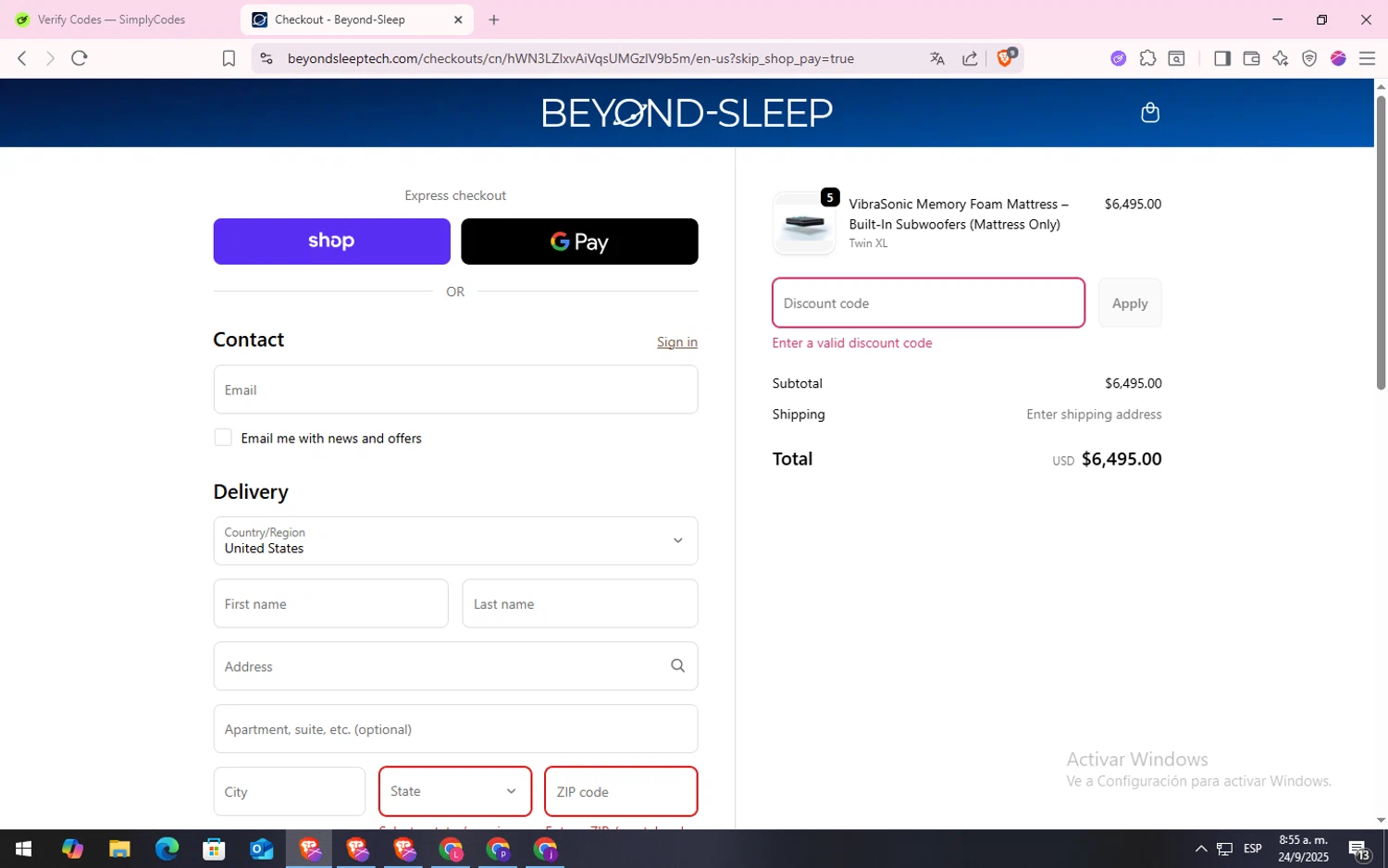 Beyond-Sleep promo code screenshot showing code LABORDAY30 applied at Beyond-Sleep checkout page. Uploaded by SimplyCodes community member CodeLynx5272 on Sep 24, 2025