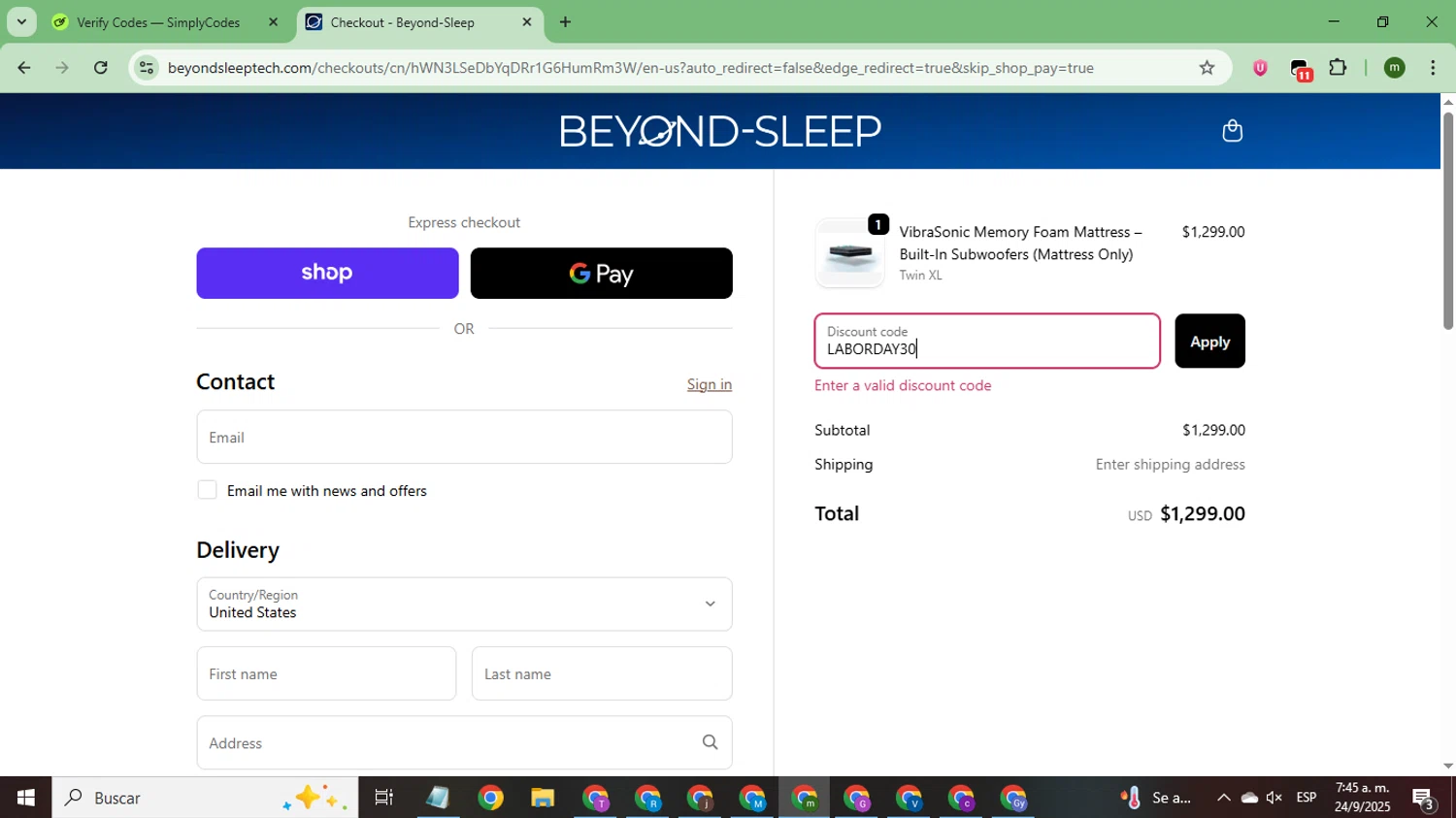 Beyond-Sleep promo code screenshot showing code LABORDAY30 applied at Beyond-Sleep checkout page. Uploaded by SimplyCodes community member CoinSage7057 on Sep 24, 2025