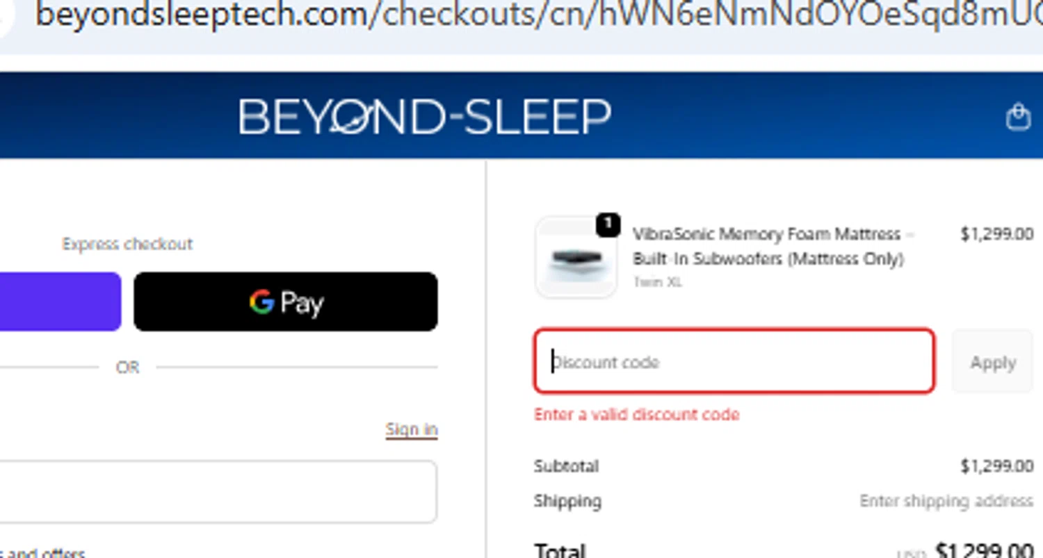 Beyond-Sleep promo code screenshot showing code BLACKFRIDAY20 applied at Beyond-Sleep checkout page. Uploaded by SimplyCodes community member PennyOwl2559 on Dec 20, 2025