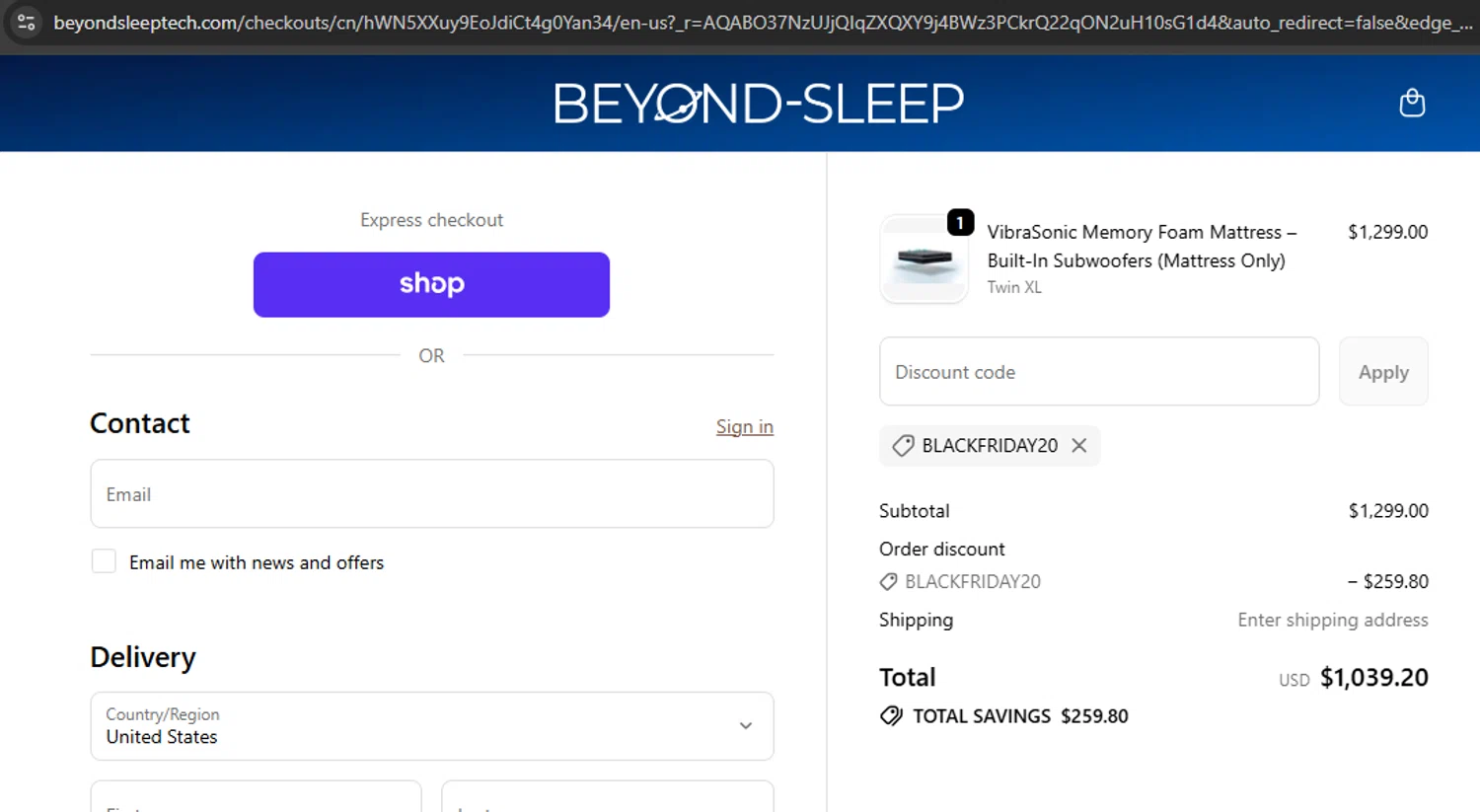 Beyond-Sleep promo code screenshot showing code BLACKFRIDAY20 applied at Beyond-Sleep checkout page. Uploaded by SimplyCodes community member argenygalvez on Nov 21, 2025