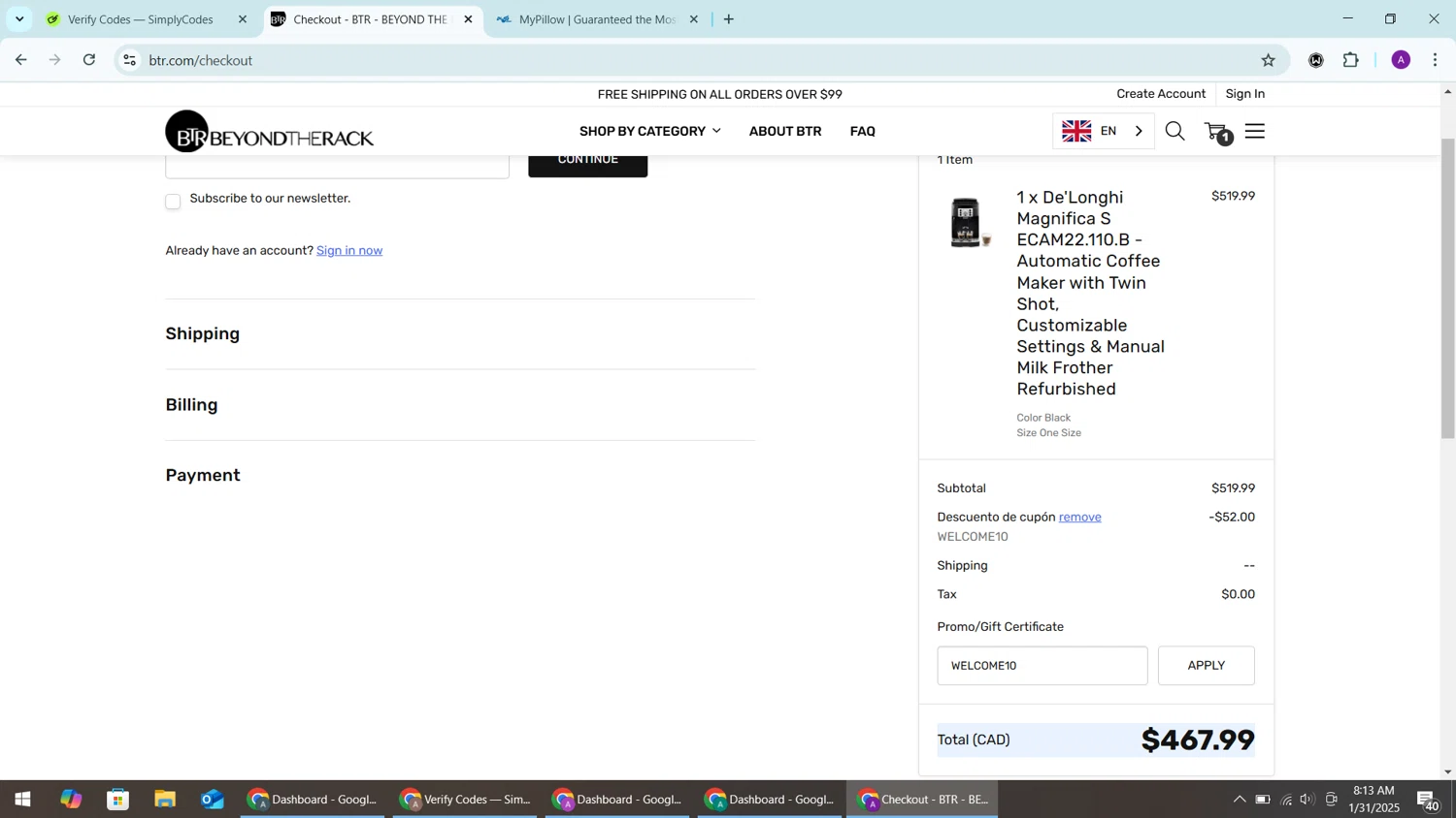 Beyond The Rack promo code screenshot showing code WELCOME10 applied at Beyond The Rack checkout page. Uploaded by SimplyCodes community member CashChaser7272 on Jan 31, 2025