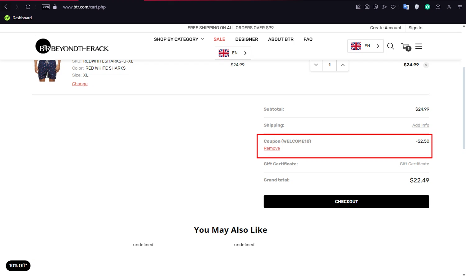 Beyond The Rack checkout page showing Beyond The Rack promo code box | Screenshot taken by SimplyCodes community member on Jun 10, 2024
