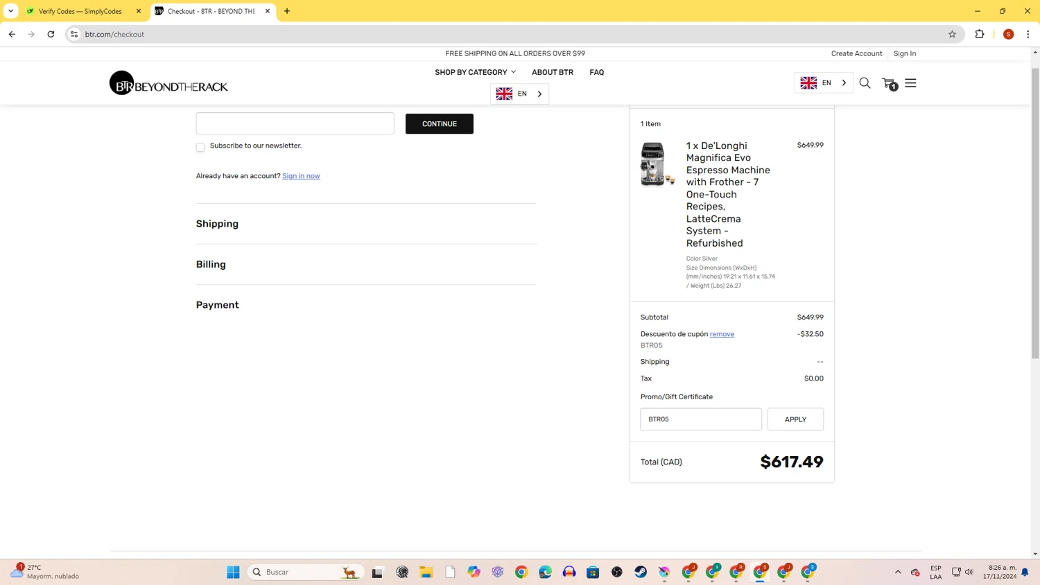 Beyond The Rack checkout page showing Beyond The Rack promo code box | Screenshot taken by SimplyCodes community member on Nov 17, 2024