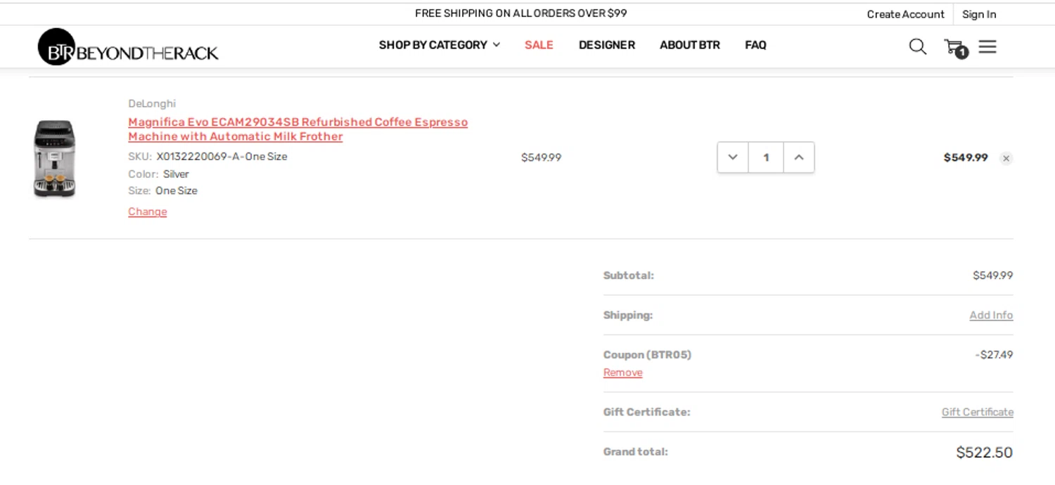 Beyond The Rack checkout page showing Beyond The Rack promo code box | Screenshot taken by SimplyCodes community member on May 1, 2024
