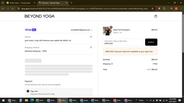 Beyond Yoga checkout page showing Beyond Yoga discount code box | Screenshot taken by SimplyCodes community member on Aug 28, 2025
