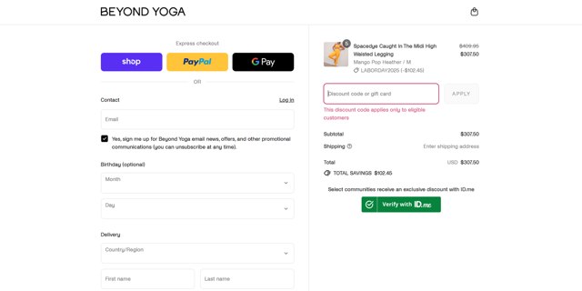 Beyond Yoga checkout page showing Beyond Yoga discount code box | Screenshot taken by SimplyCodes community member on Aug 29, 2025
