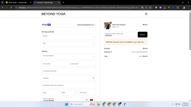 Beyond Yoga checkout page showing Beyond Yoga discount code box | Screenshot taken by SimplyCodes community member on Aug 21, 2025