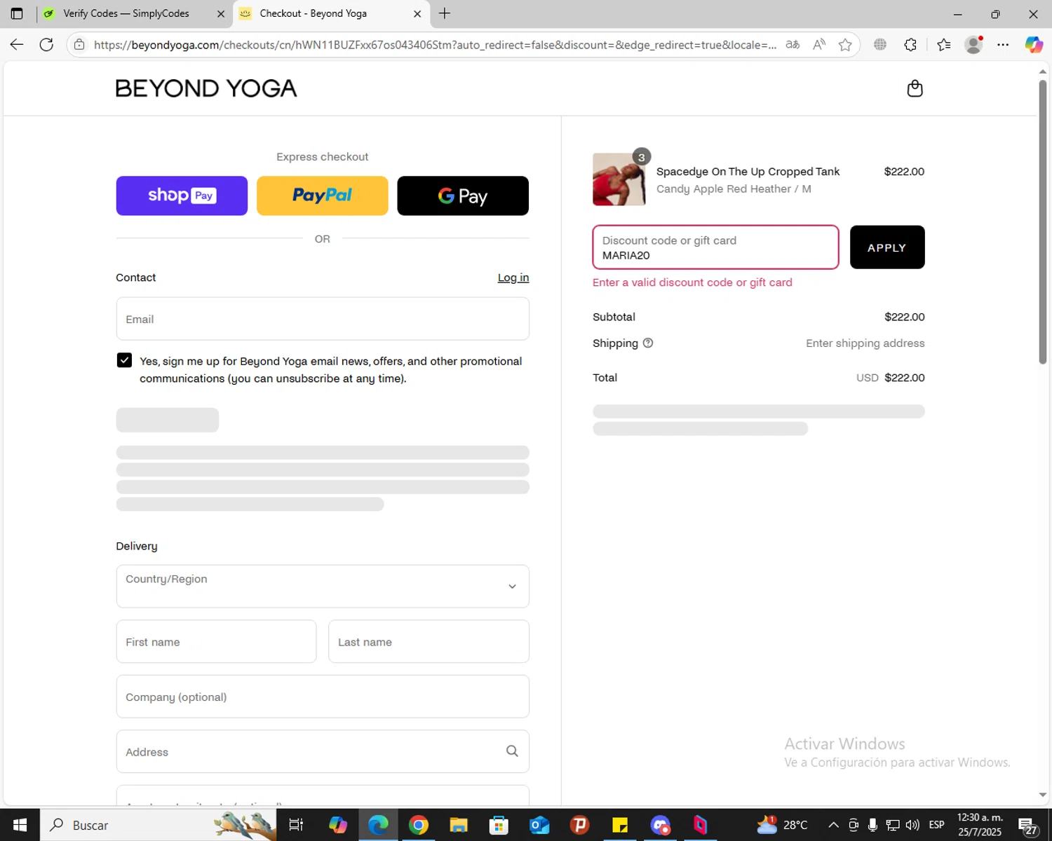 Beyond Yoga discount code screenshot showing code MARIA20 applied at Beyond Yoga checkout page. Uploaded by SimplyCodes community member jhoanDepp on Jul 25, 2025