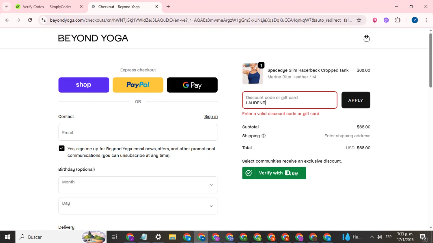 Beyond Yoga promo code screenshot showing code LAURENR applied at Beyond Yoga checkout page. Uploaded by SimplyCodes community member CrownTitan5376 on Jan 17, 2026