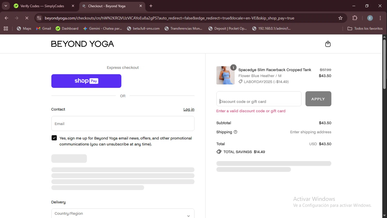 Beyond Yoga discount code screenshot showing code LABORDAY2025 applied at Beyond Yoga checkout page. Uploaded by SimplyCodes community member Esteban on Aug 28, 2025