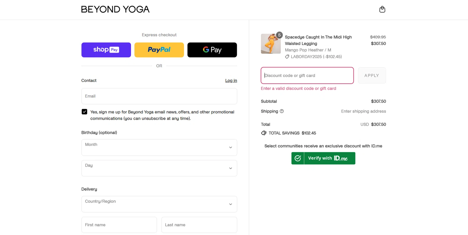 Beyond Yoga discount code screenshot showing code LABORDAY2025 applied at Beyond Yoga checkout page. Uploaded by SimplyCodes community member SmartChaser6420 on Aug 28, 2025