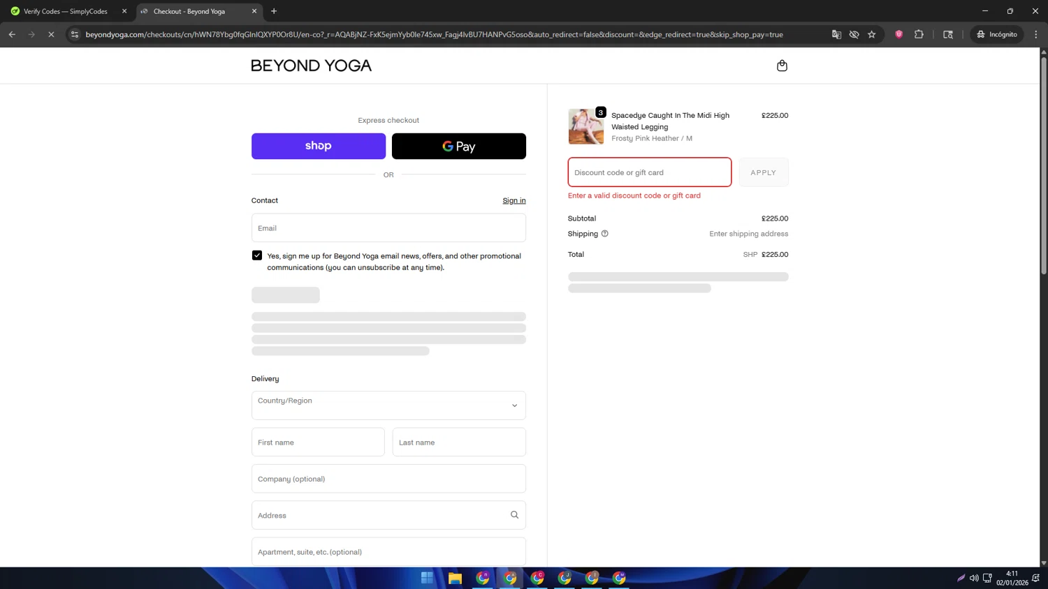 Beyond Yoga promo code screenshot showing code BF2025 applied at Beyond Yoga checkout page. Uploaded by SimplyCodes community member SwiftSage2309 on Jan 2, 2026