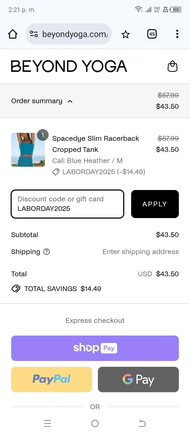 Beyond Yoga discount code screenshot showing code LABORDAY2025 applied at Beyond Yoga checkout page. Uploaded by SimplyCodes community member crischidy25 on Aug 28, 2025