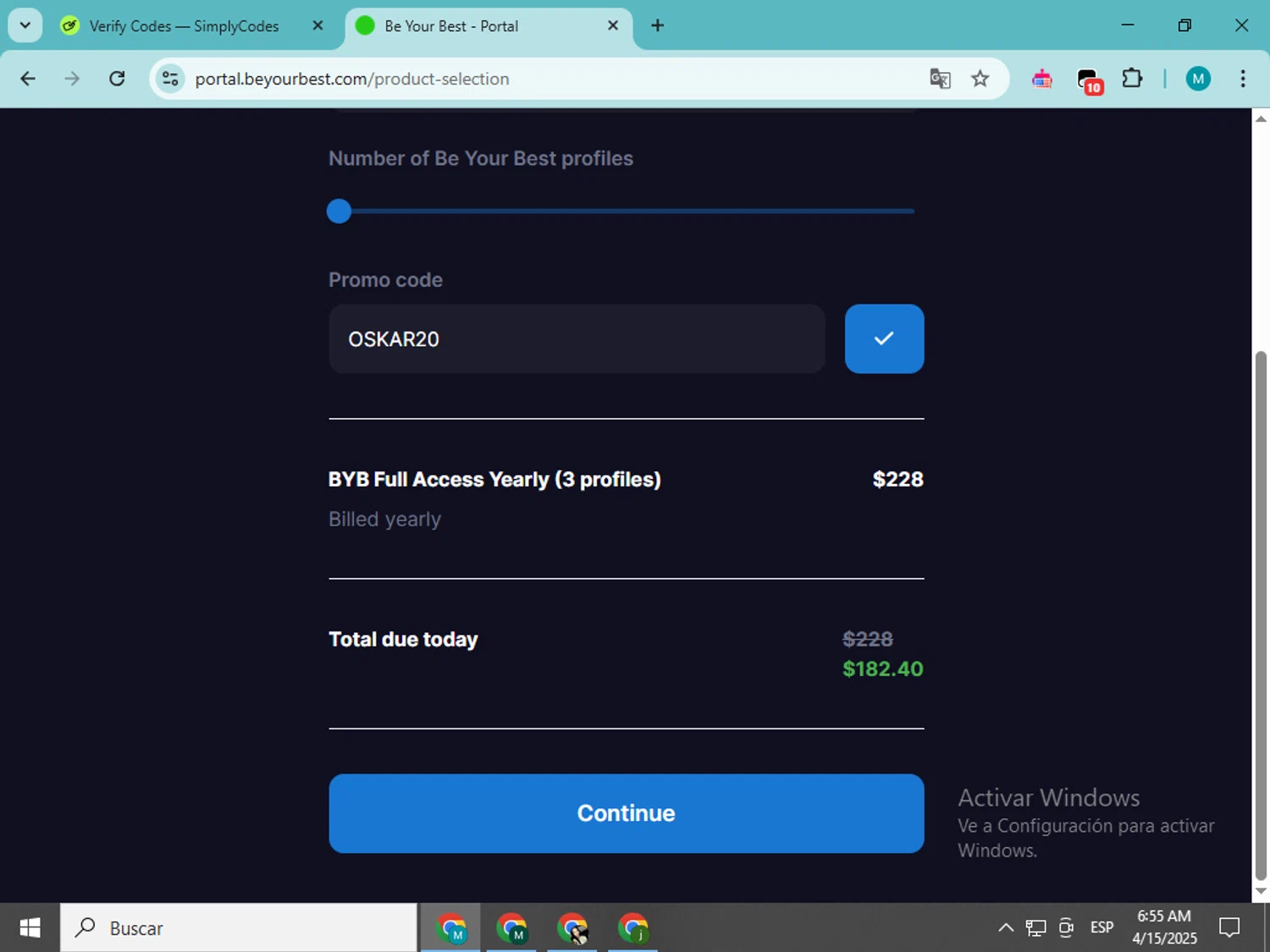 Be Your Best promo code screenshot showing code OSKAR20 applied at Be Your Best checkout page. Uploaded by SimplyCodes community member estrellaveloz on Apr 15, 2025