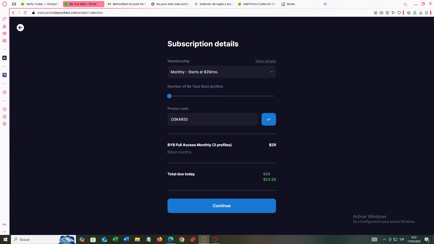 Be Your Best promo code screenshot showing code OSKAR20 applied at Be Your Best checkout page. Uploaded by SimplyCodes community member yanetrod on Mar 17, 2025