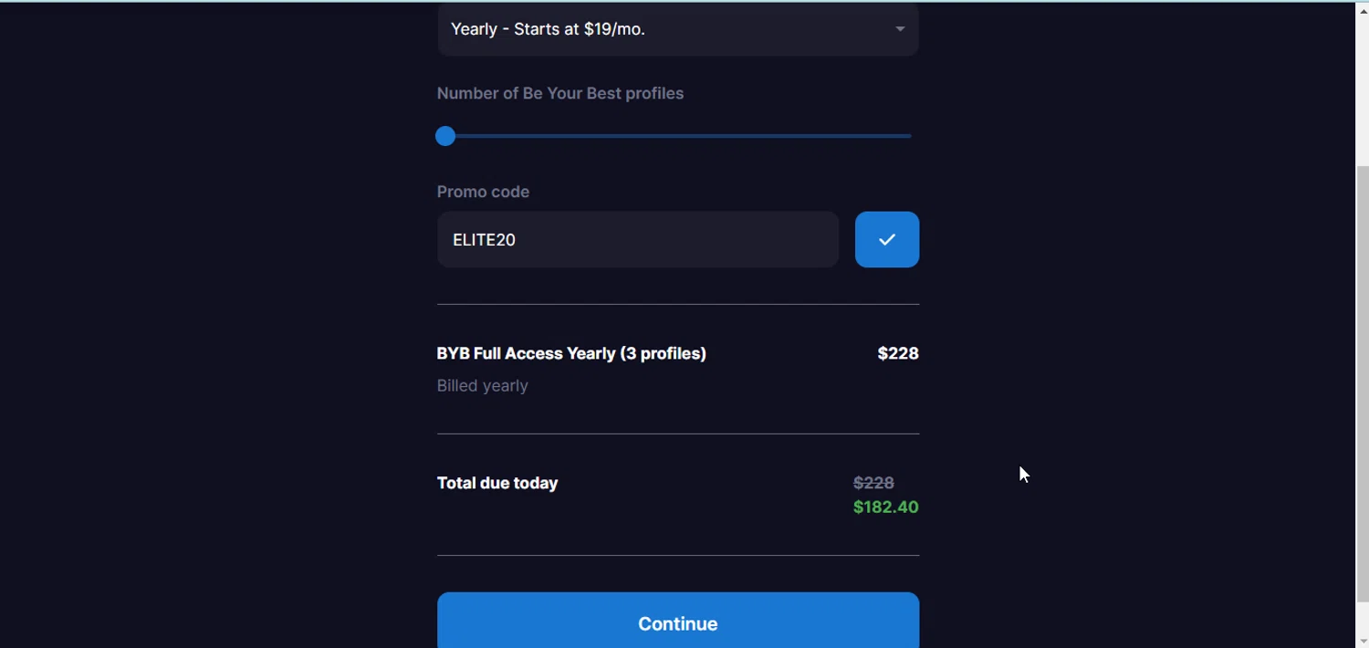 Be Your Best promo code screenshot showing code ELITE20 applied at Be Your Best checkout page. Uploaded by SimplyCodes community member RewardMonarch5847 on Mar 30, 2025