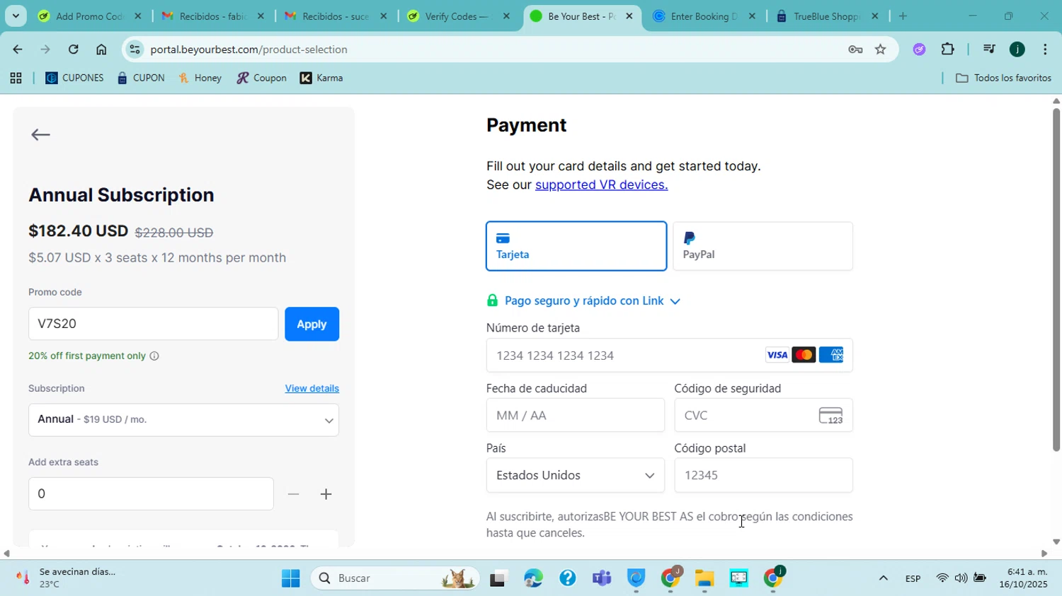 Be Your Best checkout page showing Be Your Best promo code box | Screenshot taken by SimplyCodes community member on Oct 16, 2025