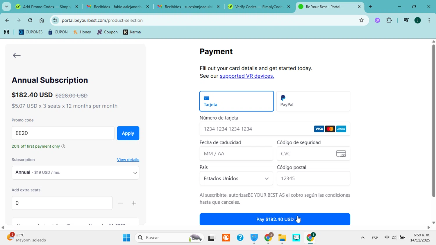 Be Your Best promo code screenshot showing code EE20 applied at Be Your Best checkout page. Uploaded by SimplyCodes community member jorgejavierherrera on Nov 14, 2025