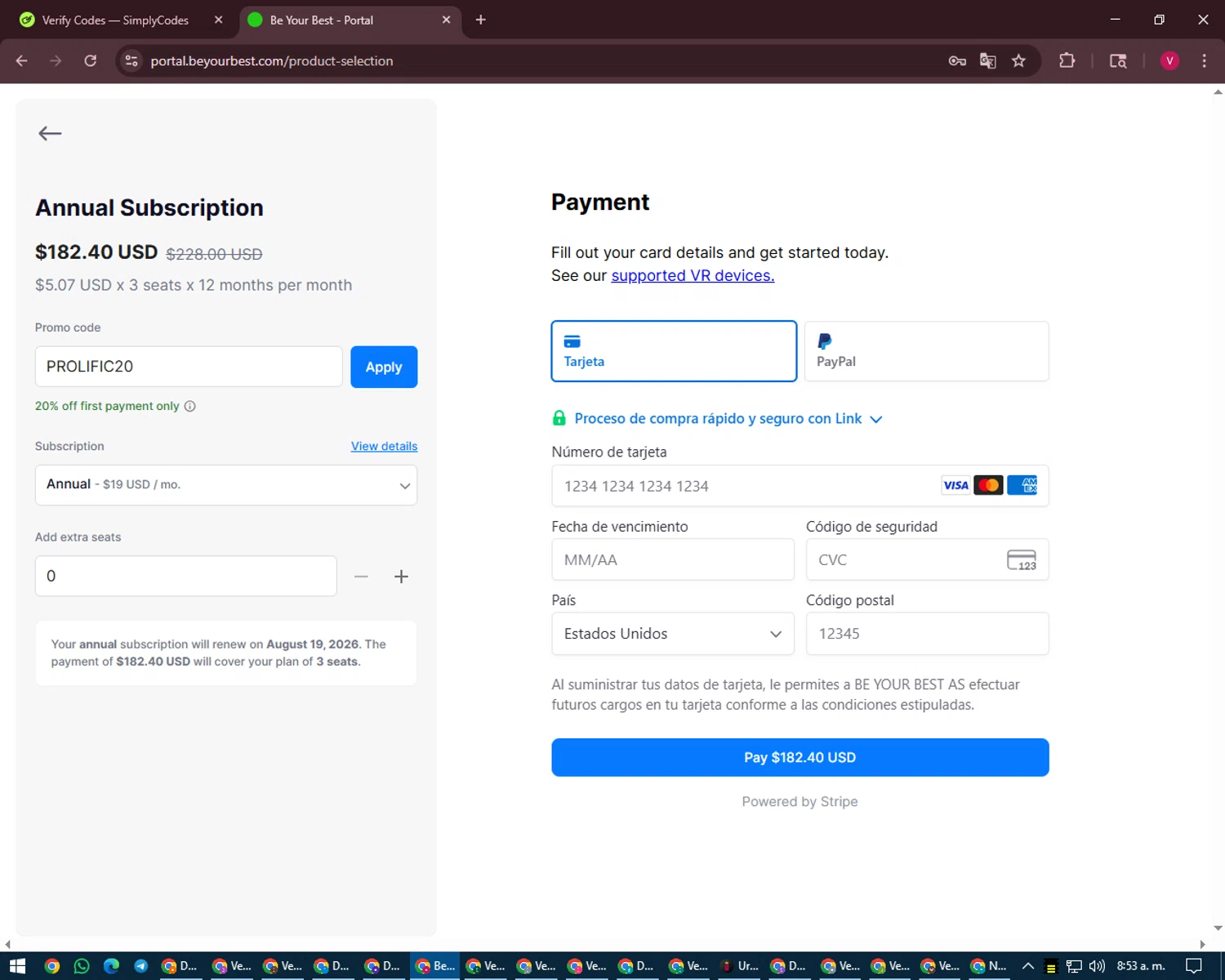 Be Your Best promo code screenshot showing code PROLIFIC20 applied at Be Your Best checkout page. Uploaded by SimplyCodes community member ShieldEagle6102 on Aug 19, 2025