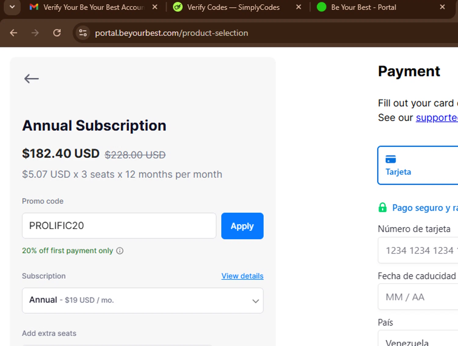 Be Your Best promo code screenshot showing code PROLIFIC20 applied at Be Your Best checkout page. Uploaded by SimplyCodes community member SnoopDogg on Nov 14, 2025