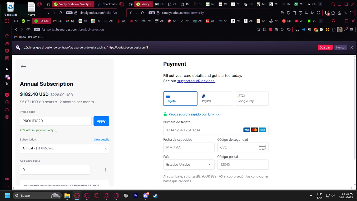 Be Your Best promo code screenshot showing code PROLIFIC20 applied at Be Your Best checkout page. Uploaded by SimplyCodes community member kurcovein on Nov 14, 2025