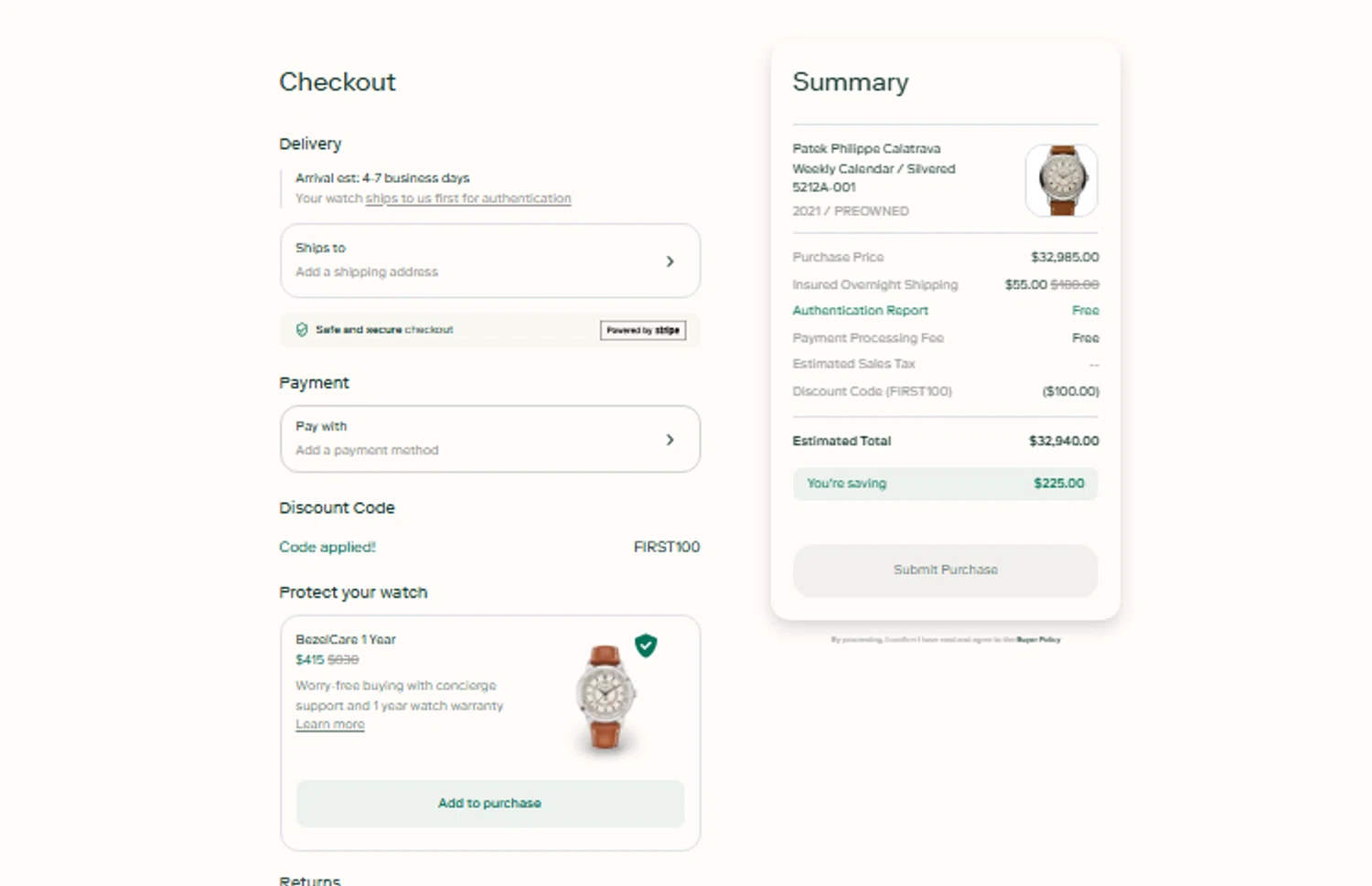 Bezel Watch promo code screenshot showing code FIRST100 applied at Bezel Watch checkout page. Uploaded by SimplyCodes community member CouponLion324 on May 18, 2025