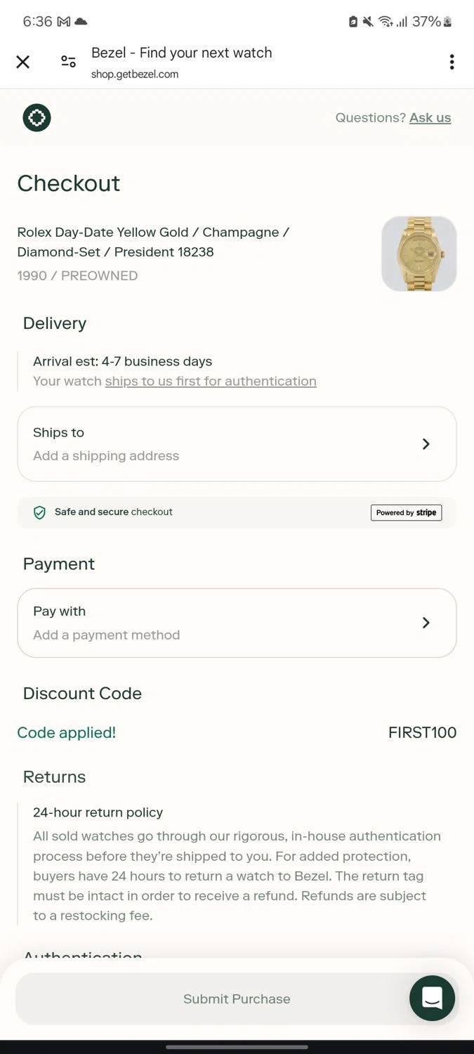 Bezel Watch promo code screenshot showing code FIRST100 applied at Bezel Watch checkout page. Uploaded by SimplyCodes community member neurioandrades on Apr 19, 2025